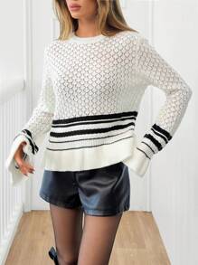SHEIN Cottnline Damen gestreifter Pullover mit rundem Ausschnitt und Glockenärmeln, eleganter Sweater für den Herbst - Weiss - Übersicht 5