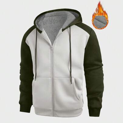 Plus Size Men's Colorblock Zip Front Hoodie Sweatshirt With Thermal Lined, Autumn/Winter