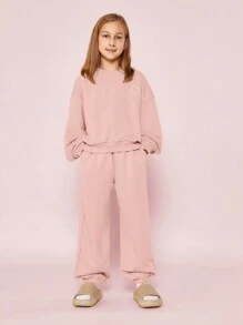 SUMWON Conjunto de 2 piezas para niñas preadolescentes con sudadera de ajuste regular con estampado gráfico de flores y pantalón de chándal
