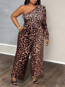 Slaydiva Mono estampado de leopardo de manga larga con parches y cintura anudada, con pierna acampanada, talla grande, adecuado para ocasiones elegantes, de fiesta, de oficina y de cita, para primavera/otoño - Marrón - Ver 4