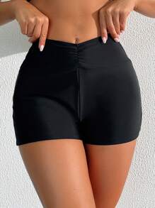 Women's Solid Color Ruched Waist Shiny Boyshort Swim Bottom - Black - View 4