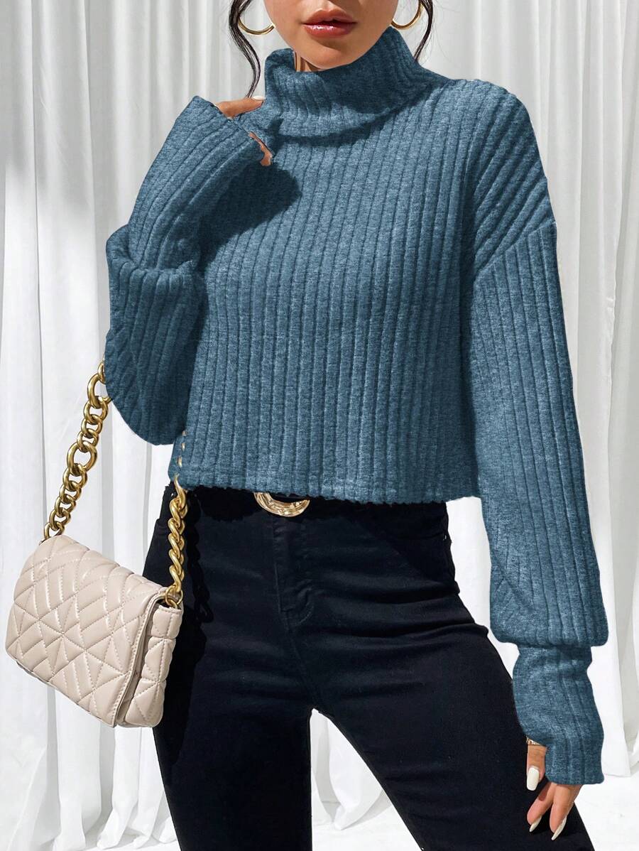 SHEIN Essnce Women's Solid Color Turtleneck Long Sleeve Simple Ribbed T-Shirt, Casual Everyday Wear