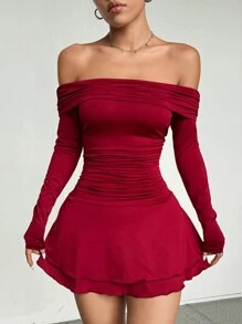 Flirla 1 件女士休闲、日常、通勤、购物红色褶皱露肩连衣裙，双层荷叶边下摆，适合新年衣服 - 紅色 - 查看 6