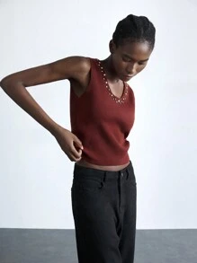 Maija Damen Bordeaux-rotes Strasssteine verzierter Rundhals-Pullover ohne Ärmel, ideal für Weihnachtspartys, Herbst/Winter - Bordeaux - Übersicht 4