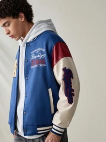Manfinity VCAY Men's Blue And White Stripe,Autumn,Casual,Graduation,Back-To-School Vintage Pattern Embroidered Leather Patchwork Loose Cardigan Woven Jacket Gifts - Blue - View 3