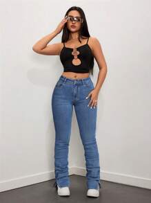 SHEIN ICON Jeans met hoge taille, split en geplooide zoom en uitlopende pijpen