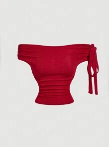 SHEIN MOD Blusa elegante minimalista de hombros descubiertos en color rojo para salir en Año Nuevo - Rojo - Ver 1