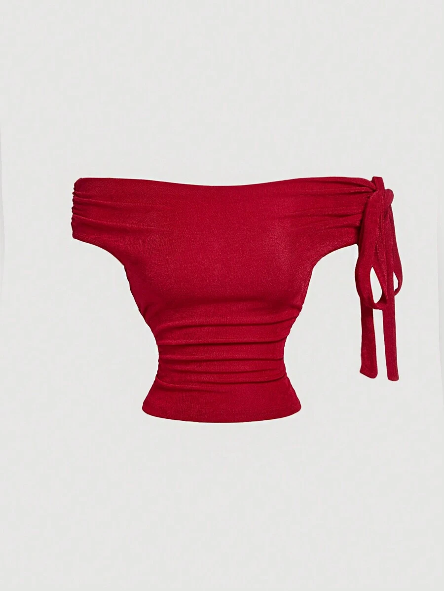 SHEIN MOD Blusa elegante minimalista de hombros descubiertos en color rojo para salir en Año Nuevo - Rojo - Ver 1