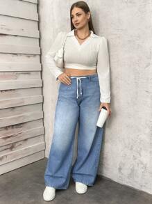 RueChic Plus Mid Waist Ribbon Belt Wdeleg Jean - Medium Wash - View 1