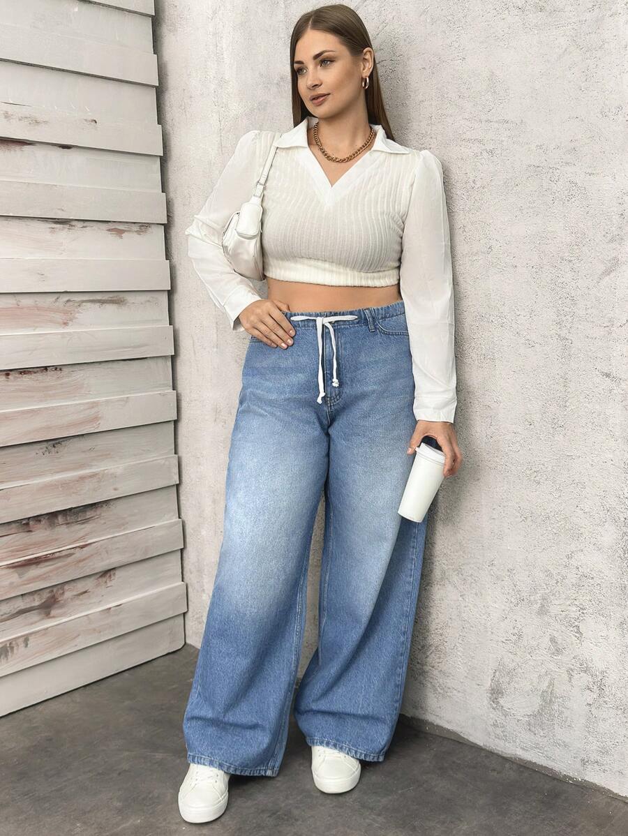 RueChic Plus Mid Waist Ribbon Belt Wdeleg Jean - Medium Wash - View 1