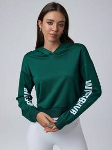 SHEIN Unity 女士字母印花连帽短款卫衣，秋季休闲套头衫 - 綠色 - 查看 4