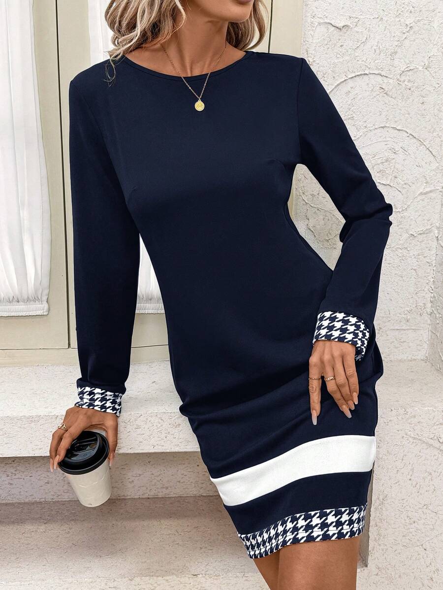 SHEIN Clasi Vestido de Trabalho Elegante de Manga Longa Feminino, Outono/Inverno - Azul Marinho - Visão 1