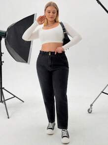 RueChic Plus High Waist Elastic Belt Mom Jean - Black - View 4