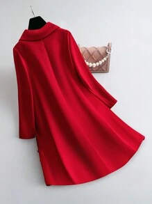 SHEIN Clasi Plus Size Women's Red Tie-Up Button Winter Long Sleeve Fitted Overcoat