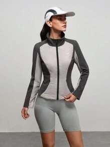Exploreva Damen Kontrast-Farben Langarm Reißverschluss Stehkragen Sportsweatshirt Jacke