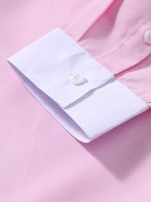 Manfinity Mode Men's Solid Color Splicing Front Button Long Sleeve Pocket Casual Shirt, For Fall - Baby Pink - View 6