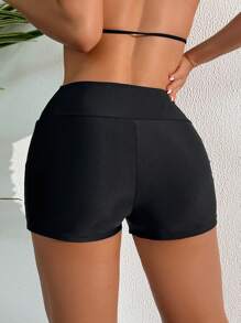 Women's Solid Color Ruched Waist Shiny Boyshort Swim Bottom - Black - View 2