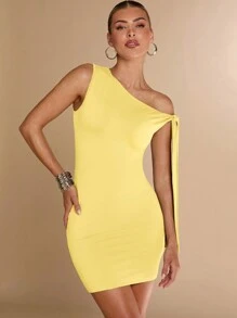 SHEIN BAE Robe mini asymétrique sans manches avec torsion à l'avant du cou, grise unie, minimaliste et polyvalente, parfaite pour les vacances et les sorties