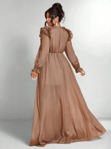 Allurite Deep V-Neck Ruffle Flowing Formal Dress Maxi Women Outfit Wedding - Brown - View 2