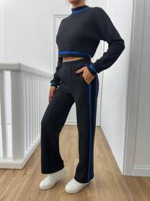 RueChic 2pcs Casual Colorblock Trim Cropped Top & Pants Set, Autumn