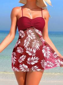 Swim Lushoire 2025 Frauen Strand Urlaub tropische Pflanzen Muster lässiges Spaghetti-Träger Schwimm-Kleid, zufälliger Muster Sommer - Rot - Übersicht 1