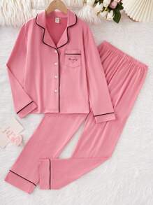 SHEIN Girls Long Sleeve Top And Pants Watermelon Print Casual Two-Piece Pajamas Set