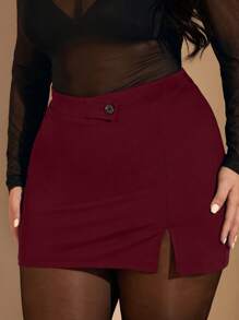 SHEIN BAE Plus Size Women Solid Color Side Slit Hem Casual Black Mini Skirt Suitable For Daily Dating,Black Skirt,Mini,Curvy Skirts,Straight Skirts,Casual,Sexy, Nightclub,Christmas, Thanksgiving, Party, New Year, Elegant, Sexy, Y2k