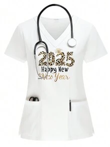 PopScrub 2025 Nieuwjaar Vrouwen Verpleegster Uniform Top, Korte Mouw Scrub Shirt