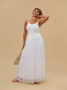 SHEIN VCAY 大码杏色蕾丝分层裙，波西米亚风西部游牧优雅浪漫裙 - 杏色 - 查看 5