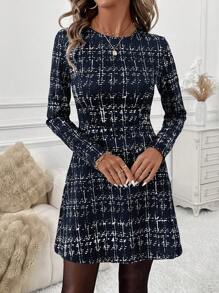 SHEIN Clasi Women Elegant Round Neck Long Sleeve Plaid Short Dress, Autumn/Winter