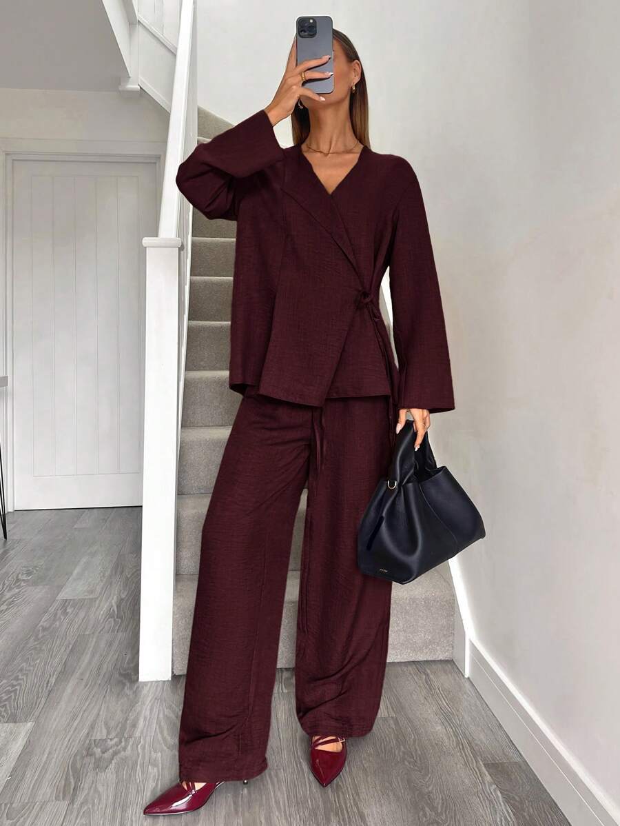Siren Gaze Valentine's Day&New Year Women's Blazers, Burgundy Set,Suit Suits,Office Ladies' Wear, Business Ladies' Wear,Two Pieces Fall Outfits,Matching Outfits Couples,Shirt Set,Fall Clothes,Matching Family Pajamas,New Years Women Outfit Christmas Casual Red Spring - Burgundy - View 1