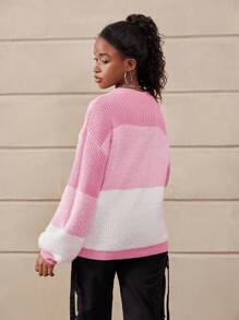 Teen Girl Casual & Minimalist Patchwork Thick Knit Fluffy Sweater, Showcase Fashion & Sophistication