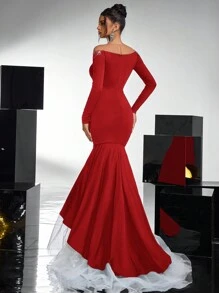 Glamrae Vestido de gala con corte sirena, con bloques de color en malla, adornado con diamantes, con dobladillo ajustado. Vestido informal de estilo gótico para boda/evento de noche, vestido para invitadas de boda, vestido de fiesta
