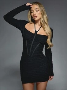 MISSGUIDED Halter Square Neck Long Sleeves Corset Detail Bodycon Mini Dress - Black - View 3