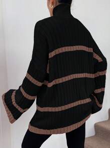 EURMUSE Women High Neck Long Sleeve Striped Casual Sweater