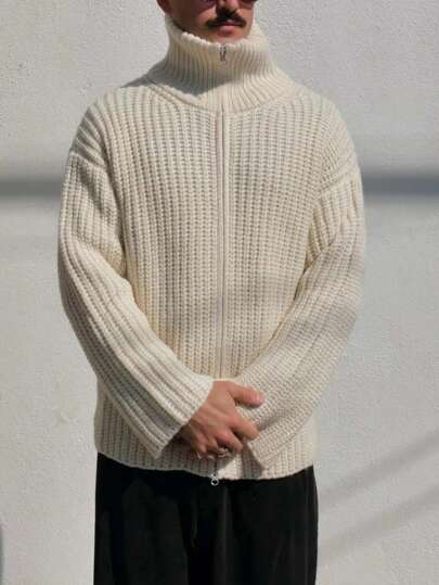 Manfinity Homme 1 pièce Cardigan décontracté ample zippé de couleur unie pour homme, cardigan décontracté crème à épaules tombantes pour sortie en automne/hiver, cadeau pour le mari ou le petit-ami