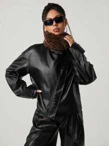 SHEIN ICON Chaqueta de mujer con bloque de color, cuello de piel y cierre diagonal, para otoño/invierno