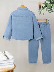 SHEIN Young Boy Casual Fashion Denim Single Breasted Shirt And Jeans Set