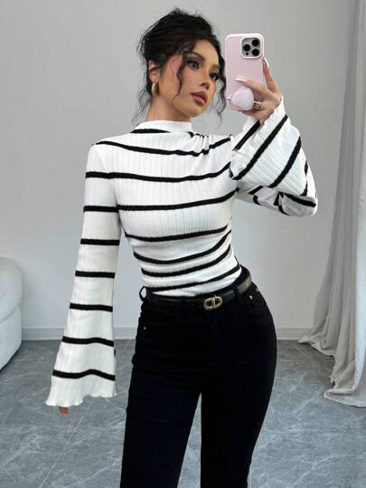Selianne Women's Stand Collar Long Sleeve Striped Casual Top, Everyday Wear Graphic Tees Women Tops For Spring Fall Cloth For Women