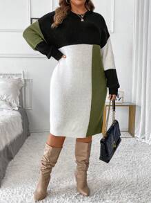 SHEIN Clasi Plus Size Women's Elegant Color Block Spliced Round Neck Long Sleeve Drop Shoulder Autumn Winter Warm Sweater Dressbusiness Casual Woman,Work Wear,Fall Wedding Guest Dress,