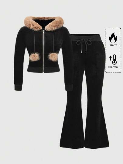 2pcs Plus Size Women Set: Velvet Patchwork Fur Hooded Zip-Up Sweatshirt And Flared Pants, Casual Style, Autumn/Winter