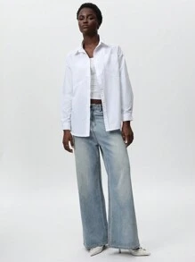 SHEIN Privé Chaqueta-camisa de mujer de primavera de estilo casual y urbano, con diseño dividido oversize, de longitud media, como regalo ideal para el Día de San Valentín - Blanco - Ver 6