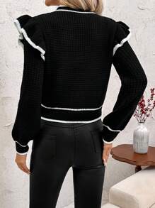 SHEIN Clasi Women's Black & White Striped Elegant Waffle Knit Patchwork Ruffle Collar Long Sleeve Sweater