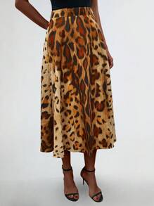 SHEIN Clasi 女士休闲复古豹纹印花半身裙 - 卡其色 - 查看 7