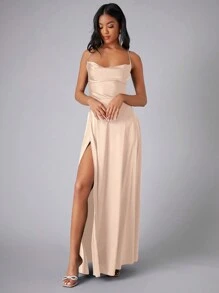 SHEIN Belle Draped Collar Wrap Hem Satin Cami Bridesmaid Dress - Apricot - View 3