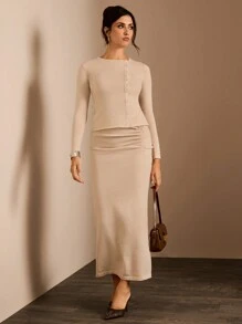 Glamine 2pcs Set: Elegant Asymmetric Cardigan & Fitted Ribbed Hem Long Skirt, Casual Wear For Women, Autumn/Winter Fall Cloth For Women