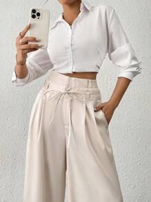 Firerie New Year Women's Elegant Minimalist Sophisticated Vintage Coin High Waist Tie Belt Draped Wide Leg Palazzo Pants, Apricot Color