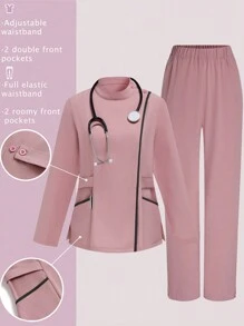 TaskEZ Women Solid Color Patchwork Long Sleeve Stand Collar Minimalist Top And Pants Professional Suit Set Scrub Uniform Set Nurse Scrub Uniform Set - Pink - View 1