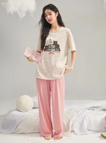 DAZY Ensemble Top rayé imprimé animal mignon et pantalon de pyjama droit et ample