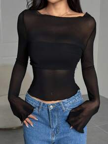 SHEIN EZwear Damesmode Sexy Sheer Mesh Getailleerde Top met Lange Mouwen